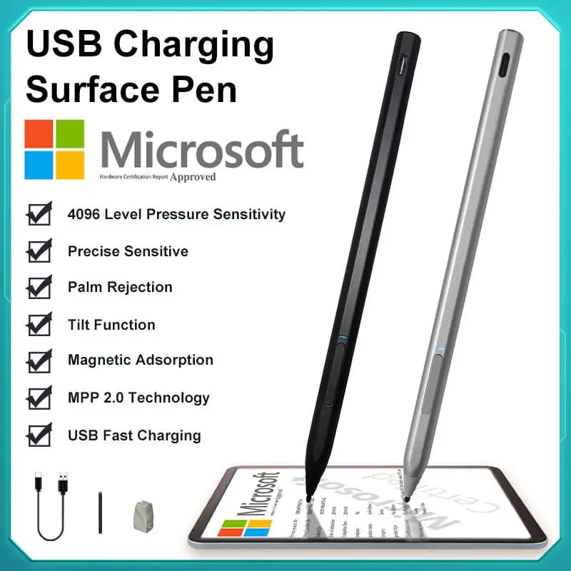 Penna Stylus per Surface con Ricarica USB-C, 4096 Livelli di Pressione, Compatibile con Microsoft Surface Pro 8 7 6 5 4 3 X/ Surface 3/Go 3 2/Laptop 4 3 2/Book 3 2 1