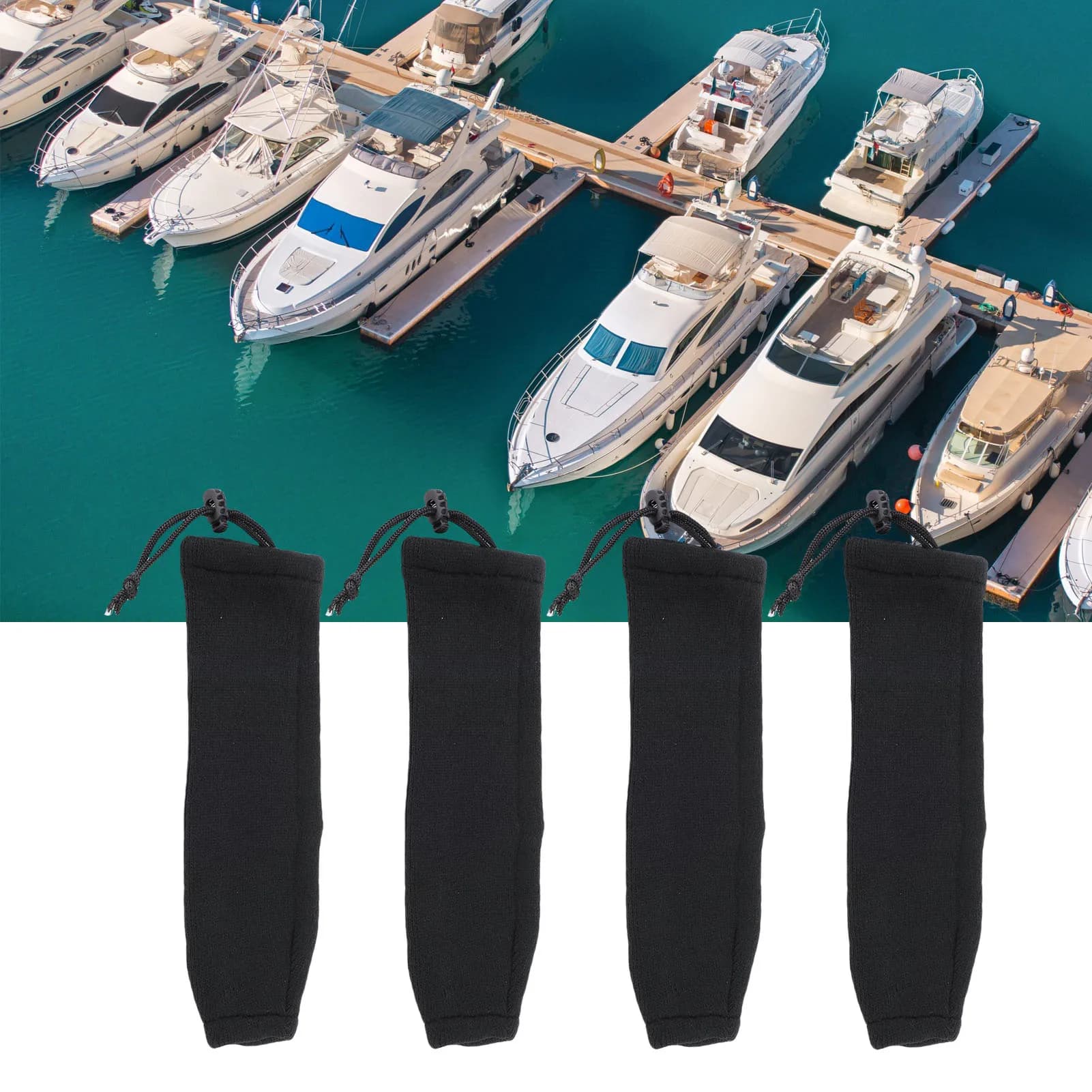 4 Pezzi Copri Parabordi per Barche Marine 20 x 63 cm Neri in Maglia Elastica, Protezione Robusta per Parabordi con Doppio Occhiello Centrale