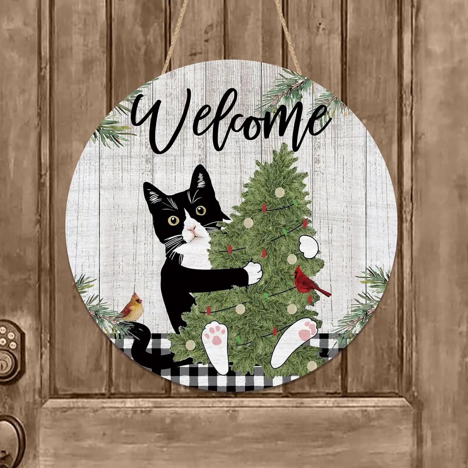 Cartello per porta dell'albero di gatto di Natale Appendiabiti per porta in legno Decorazione per portico esterno per esterni Appeso a parete per interni in legno per fattoria invernale