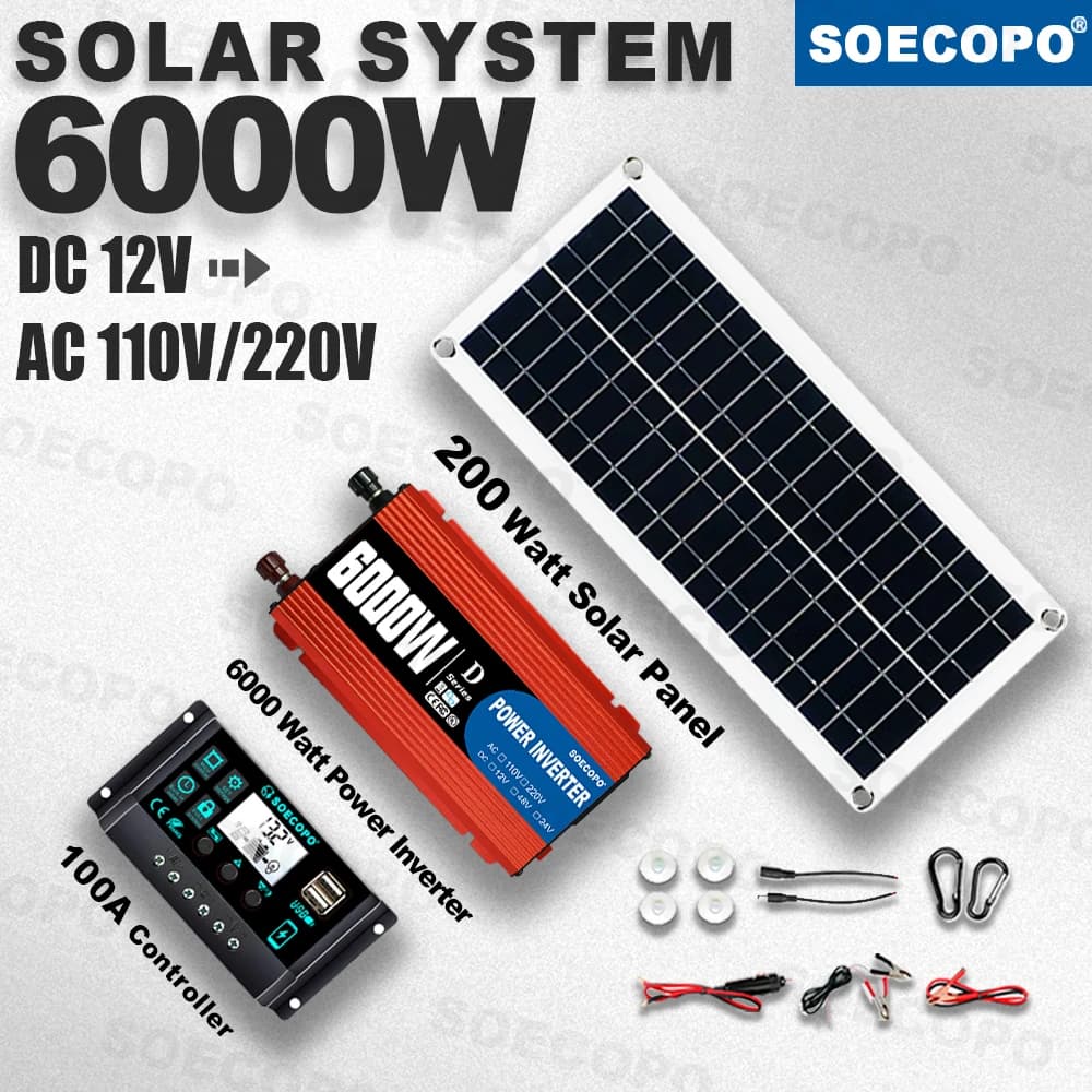Kit Generatore Solare SOECOPO 6000W con Inverter da 12V DC a 110V/220V, Pannello da 200W, Regolatore da 100A, per Casa e Camper Off-Grid, Potente Sistema Solare