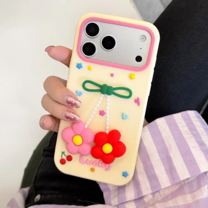 Protective Silicone Case with 3D Floral Pendant for iPhone 17Pro 16 15 14 Plus 13 12 ProMax, Cute Design with Cherry and Bow