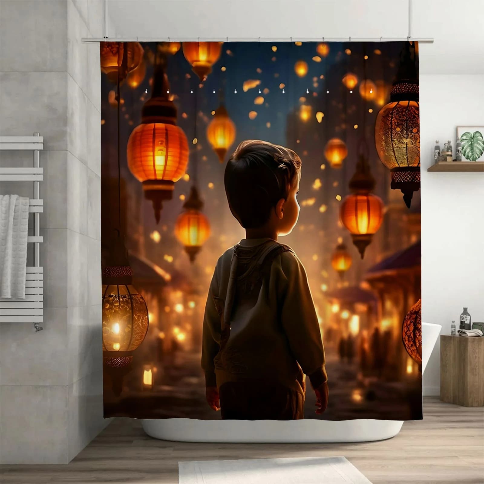 Tenda da doccia per ragazzo e lanterne | Decorazione magica del bagno notturno