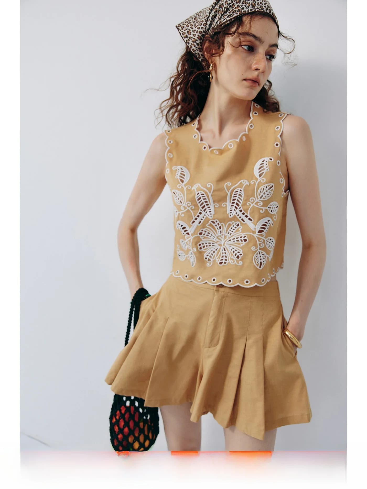 Tropical Summer Night Lenzing Linen Heavy Embroidery Hollow out Bird Carving Hole Set Women's Fashion Summer Outfit Vest Shorts