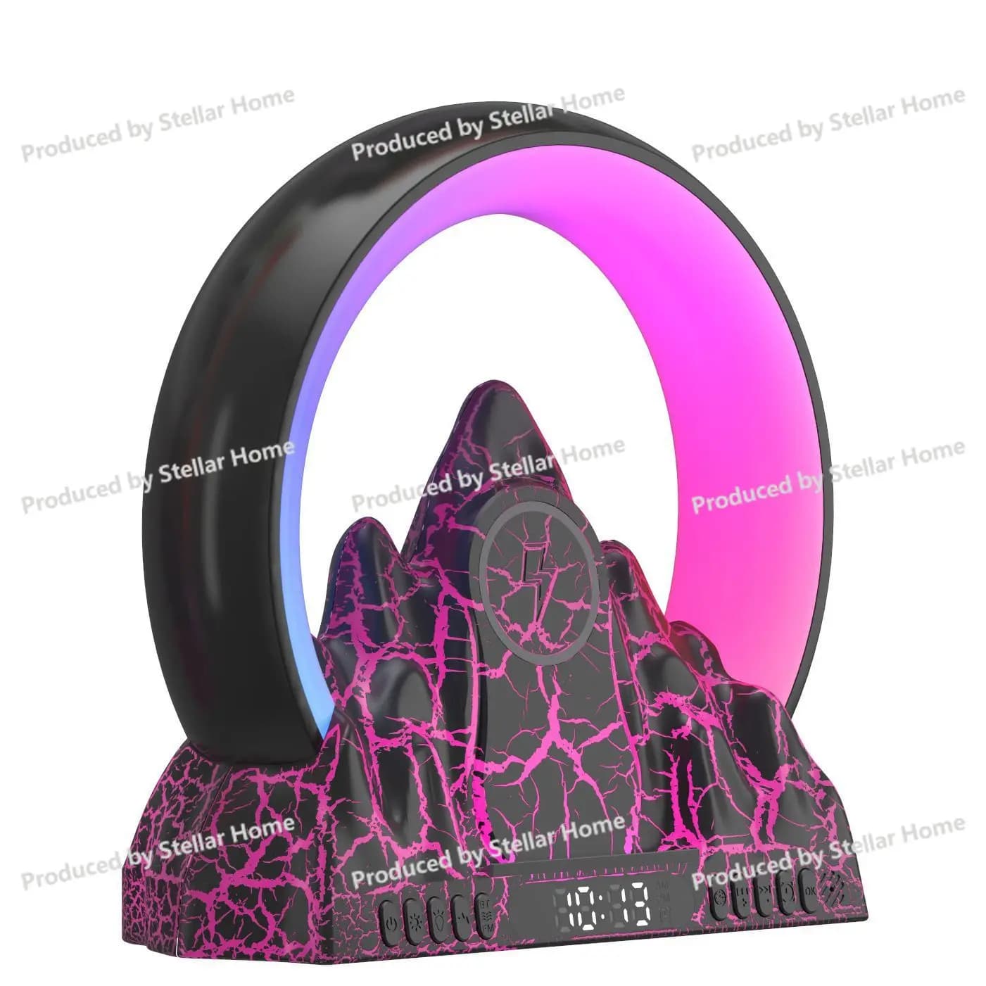 Luce sveglia Sunrise Flame Mountain Style Tuya Smart APP Caricatore wireless Atmosfera Lampada da scrivania Sveglia elettronica