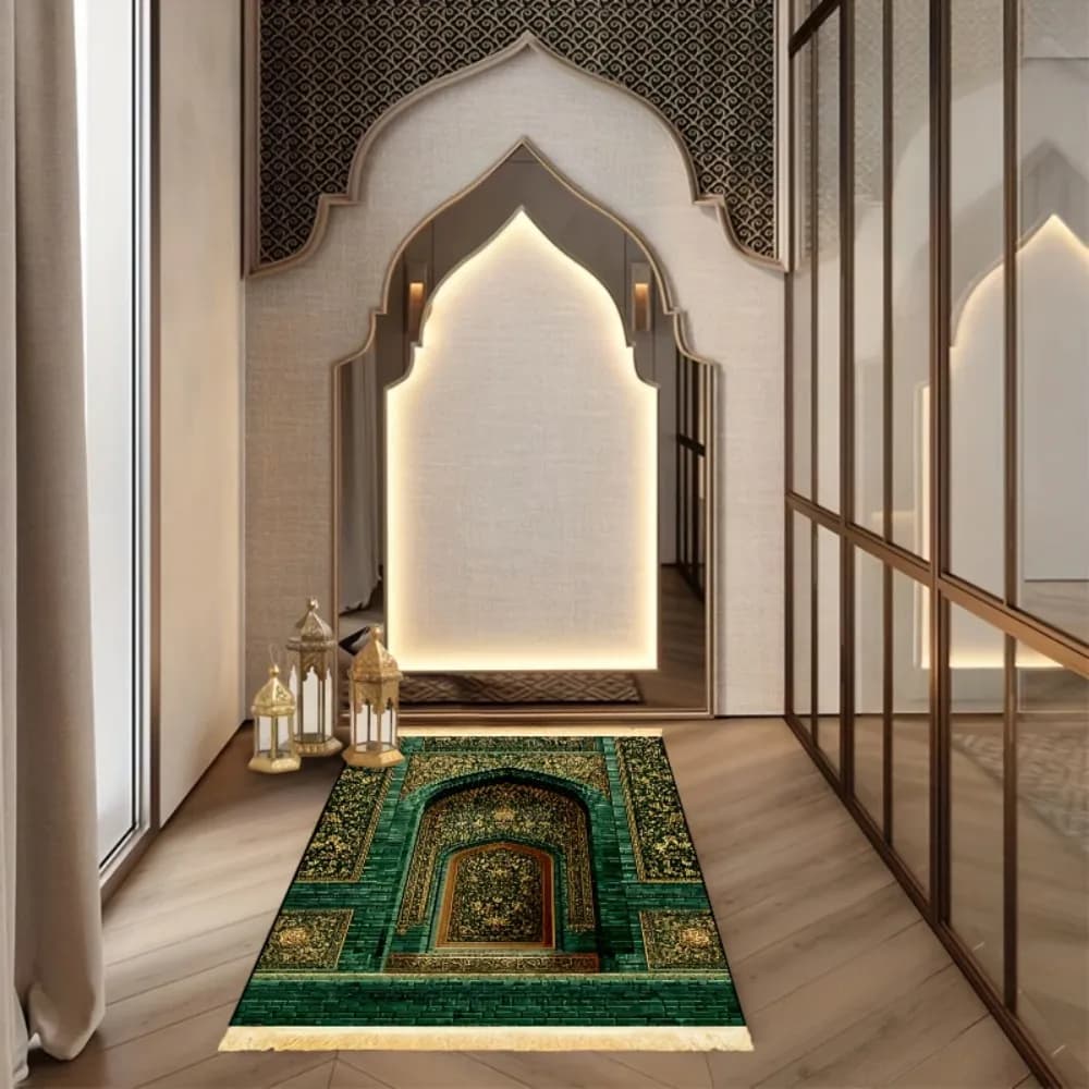 Tappeto da Preghiera Islamico Floreale Verde Oro, Tappetino Portatile in Poliestere per Preghiera Musulmana, Regalo Ramadan 2026, Decorazione Casa