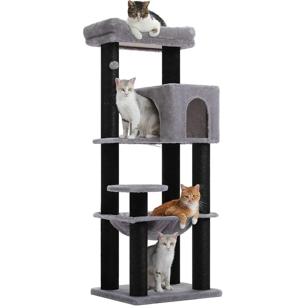 57.8 Heavy Duty Cat Tree for Maine Coon, 30lbs capacity, Black | 3.7in reinforced sisal posts, XL plush hammock, Cozy condo, Hea