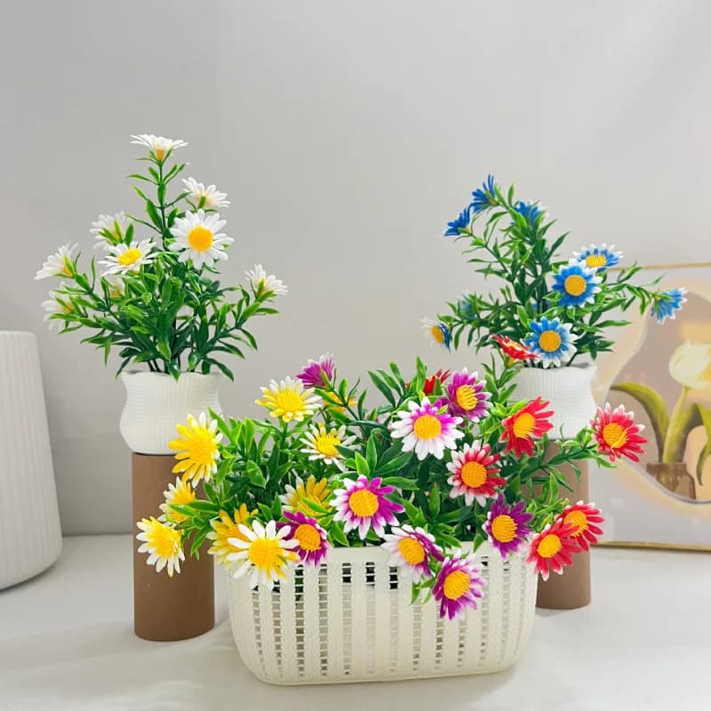 13x18cm Artificial Flower Chrysanthemum Potted Plant. Green Plastic Flowers. Flower Arrangement Item For Dining Table.