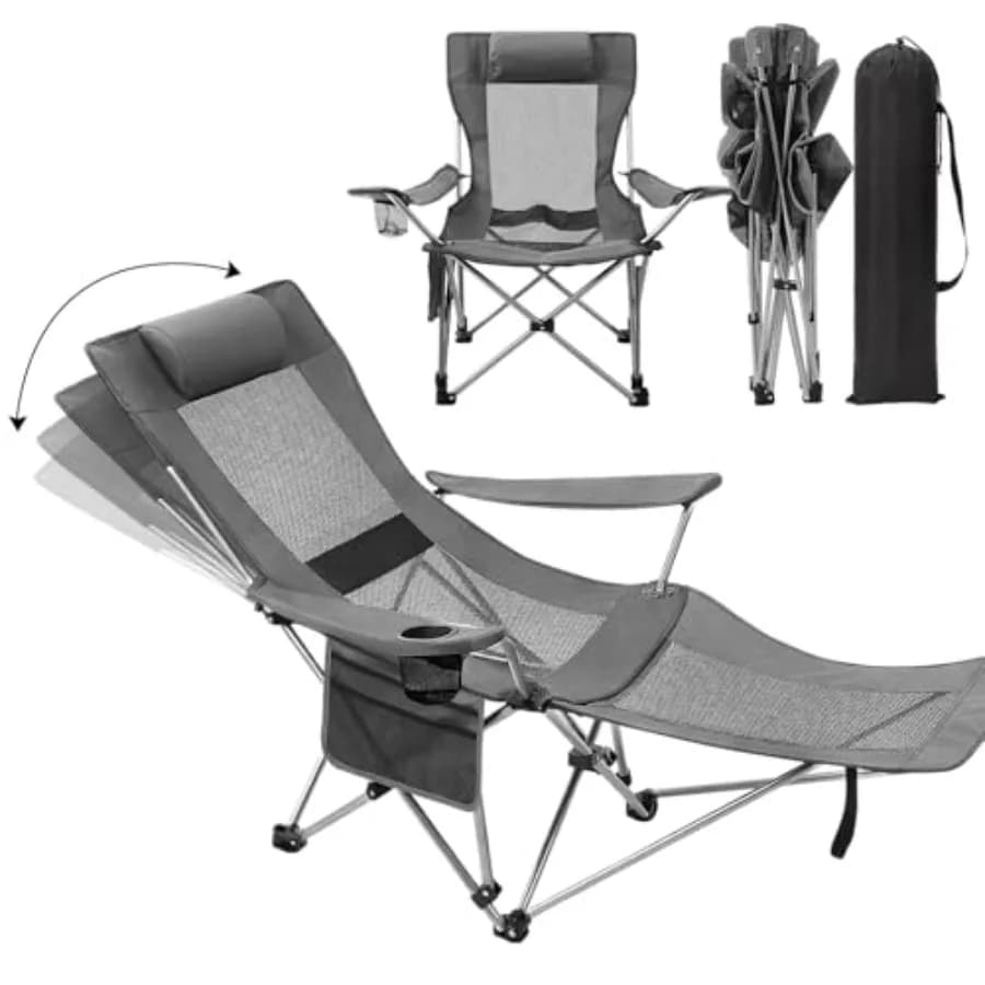 2-in-1 Reclining Camping Chair Folding Lounger Mesh Beach Chair with Headrest and Footrest Adjustable Backrest Lightweight for