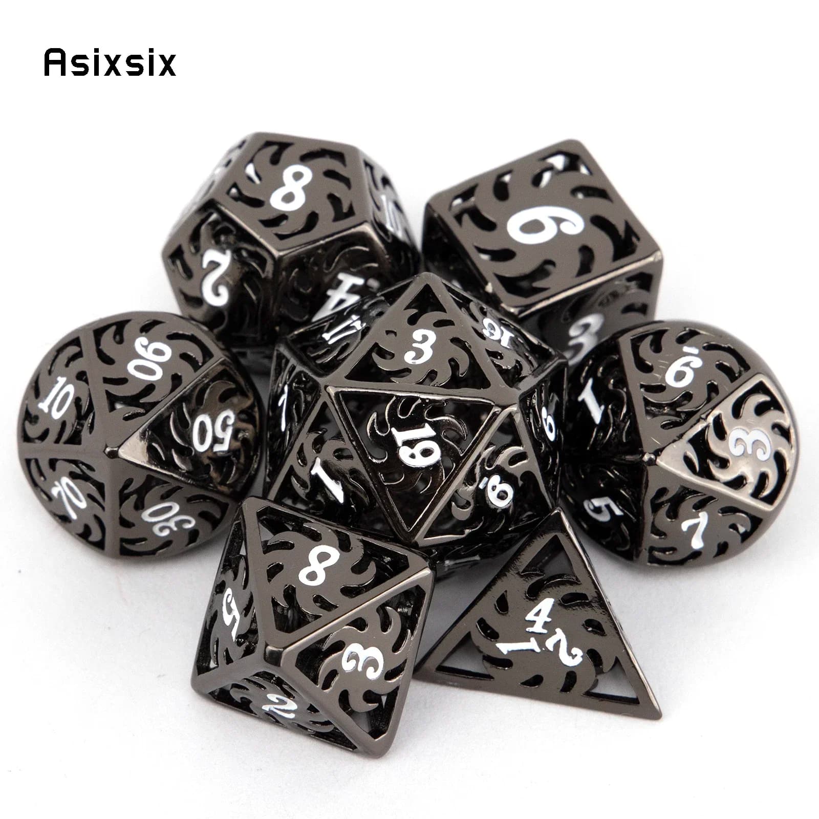 Set di 7 Dadi Metallici Rotanti Bianchi e Neri, Dadi Poliedrici in Metallo Cavo, Adatti per Giochi di Ruolo RPG e Giochi da Tavolo, Idea Regalo