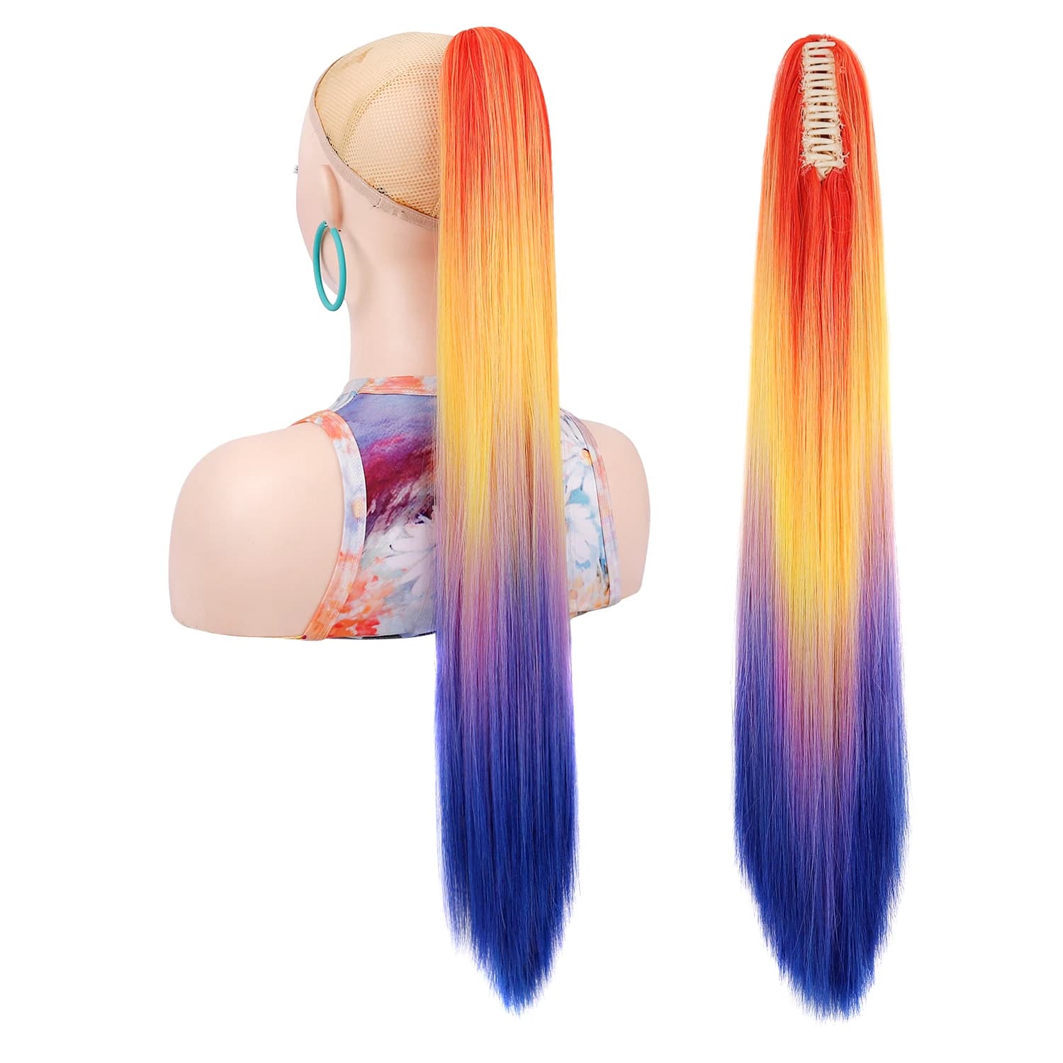 Jeedou Ponytail Hair Extension Long Straight Ponytails Rainbow Ombre Color Claw Clip On Pony Tail Synthetic Hairpiece