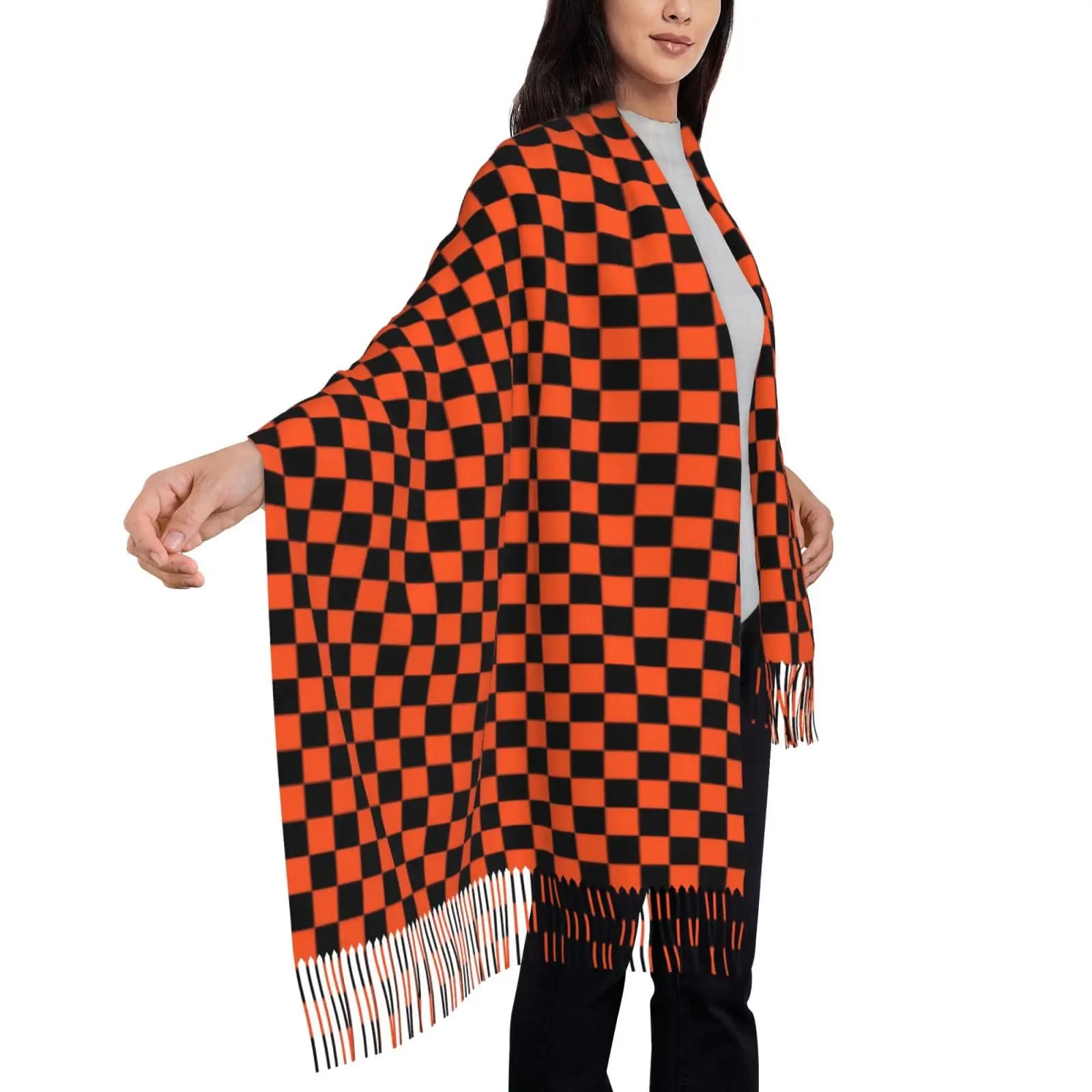 Black and Orange Grid Pattern Print Vintage Style Tassel Scarf Lightweight Autumn Winter Neck Scarf with Tassels for Daily Wear