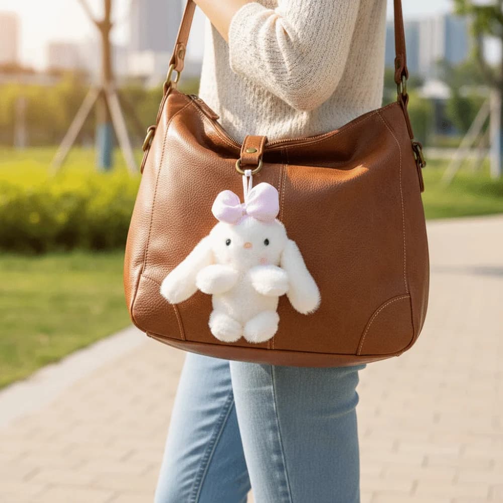 Portachiavi Coniglietto con Fiocco in Morbido Cotone PP, Ornamenti Kawaii, 16cm, Accessori Realistici