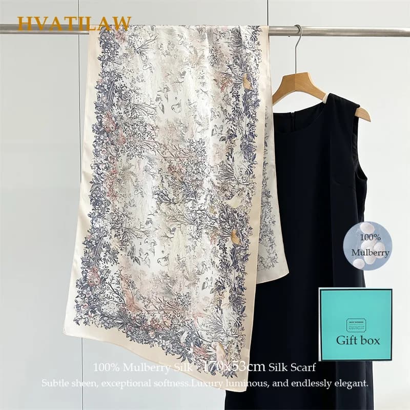 New Elegant 100% Mulberry Silk Scarf Women 170x53cm Narrow Skinny Scarf Luxury Designer Long Silk Neck Scarf Shawl Wrap Gift Box