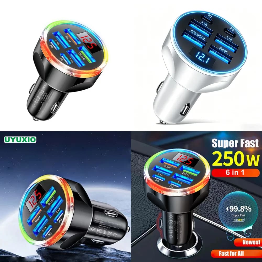Caricabatterie da Auto USB C 6 in 1 di Tendenza con Display di Tensione e Porte Multiple per iPhone Samsung, Prodotti in Dropshipping