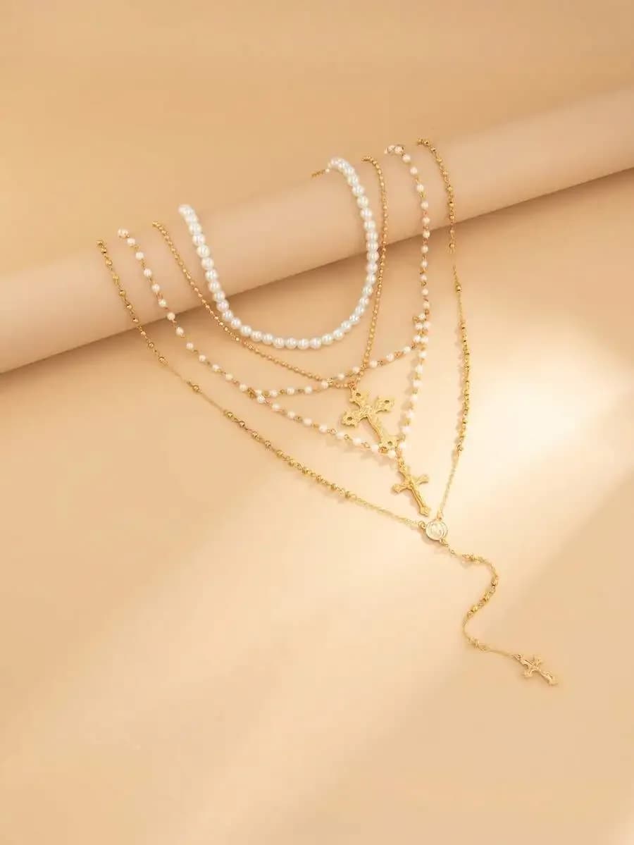 Collana a Y vintage a 4 strati con perle e ciondolo a croce per donna