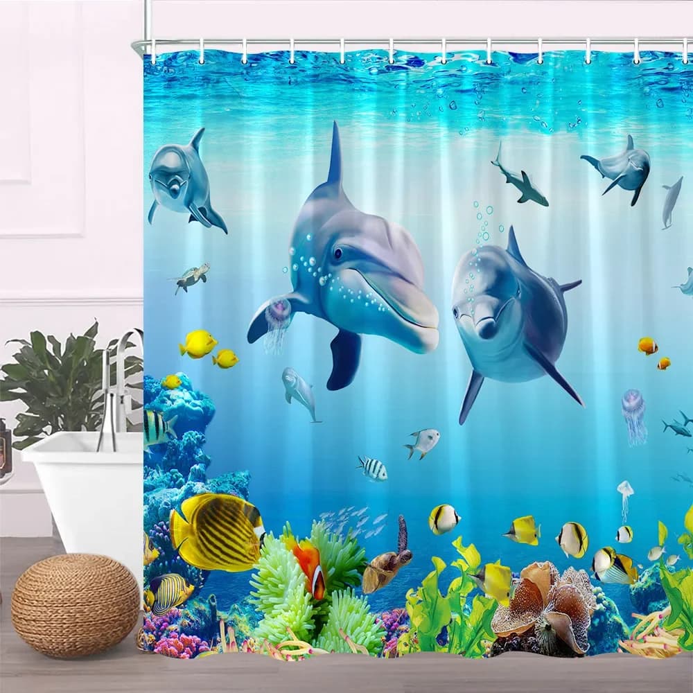 Tenda da doccia oceanica tende da doccia blu per bagno Set di tende da bagno con paesaggio subacqueo in poliestere animale marino con ganci