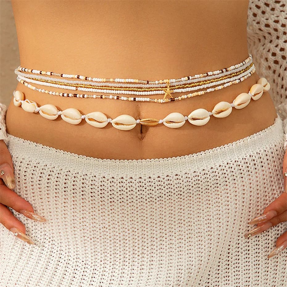 Ingemark 6 pieces Boho star marina waist chain pendant for women girls summer beach bikini elastic belt for belly Y2K jewelry accessories