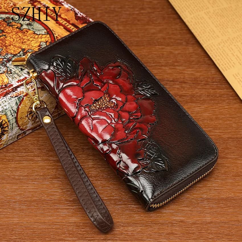 Classic Long Wallet Ladies Wrist Bag Luxurious Designer 3D Embossed Multi Compartment Mobile Wallet Retro Money Purses for Women