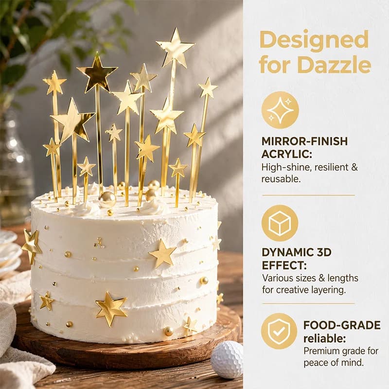 12pcs Gold Acrylic Star Cake Topper Set Mirror Star Cake Decor Birthday Wedding Baby Shower Graduation Party Decorations
