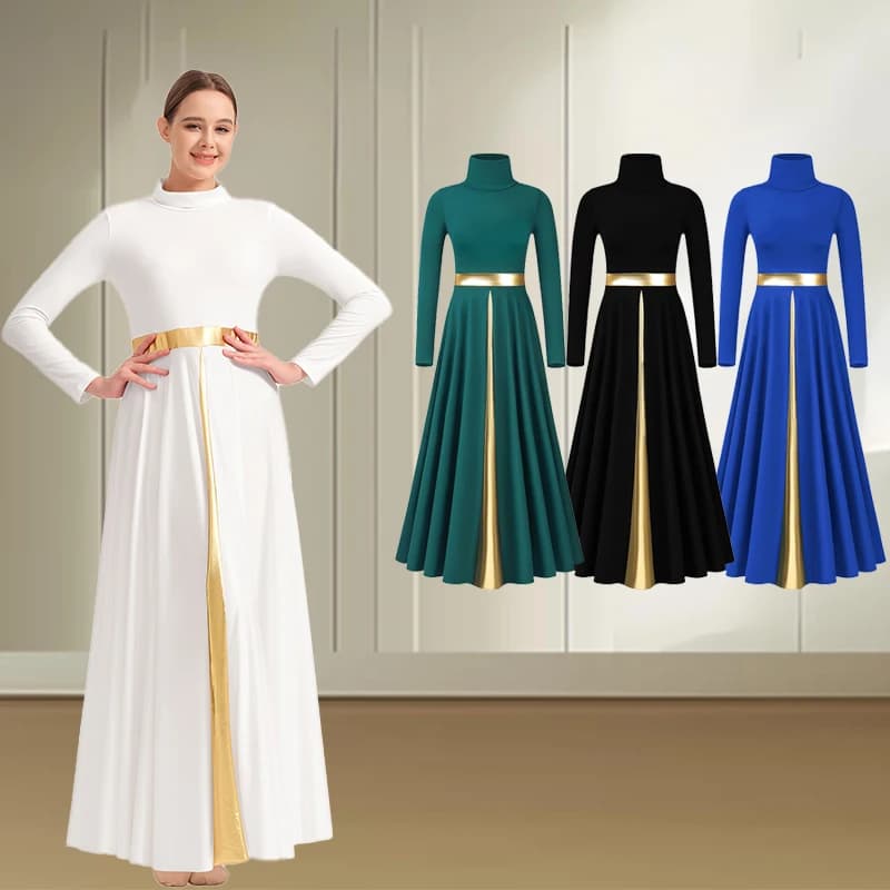 Abito da ballo da lode con collo alto da donna, cintura metallica, altalena lunga, culto liturgico, abito da chiesa, abito da ballo lirico