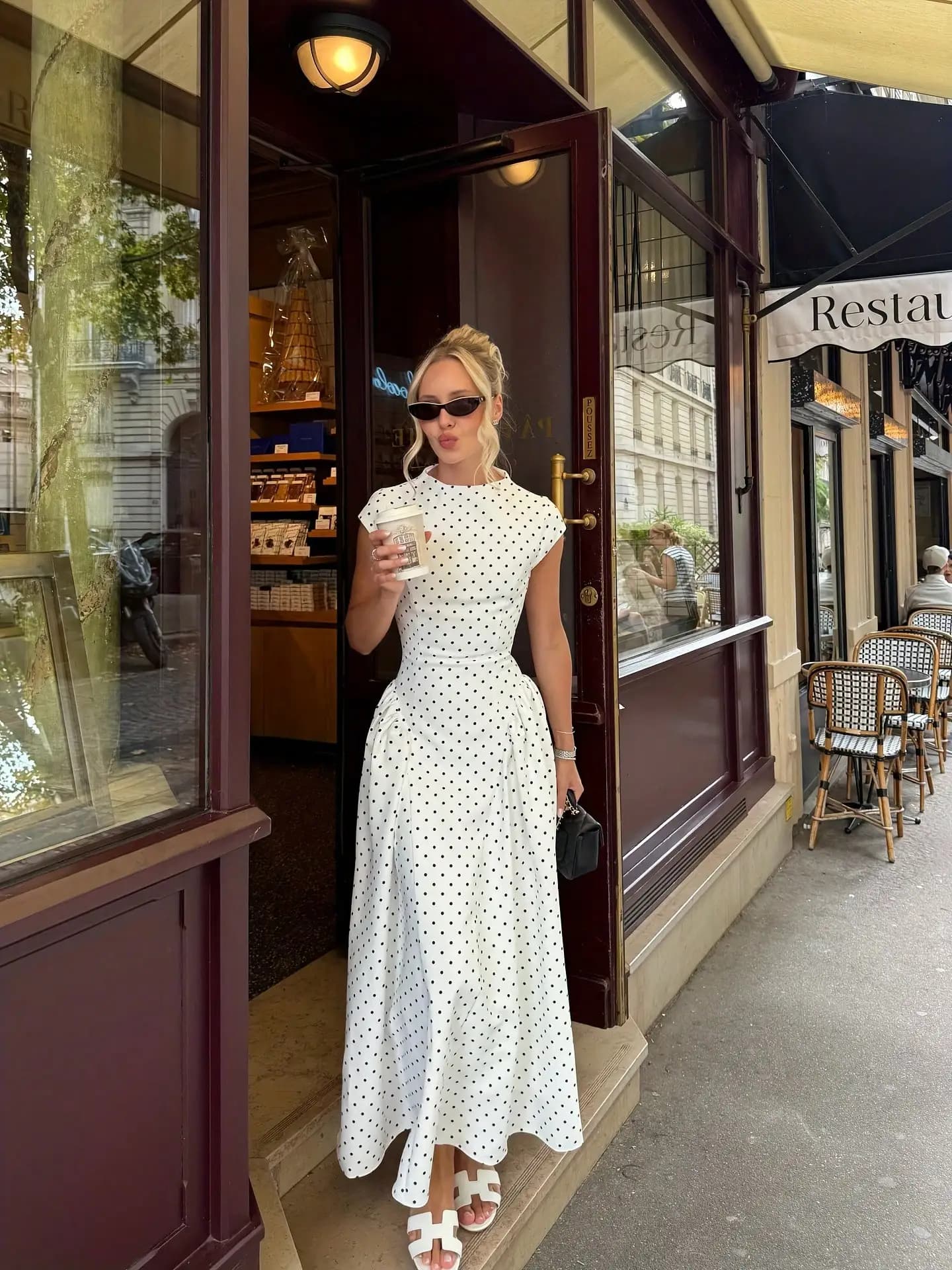 White And Brown Polka Dot Cap Sleeve Flowy Maxi Dress For Casual Summer Outfit