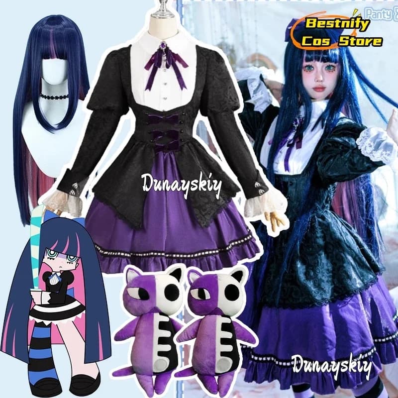 CosplayPantyCalza con reggicalze Anarchia Costume cosplay Pizzo Viola Lolita Dress Parrucca Calze a righe Gioielli Su