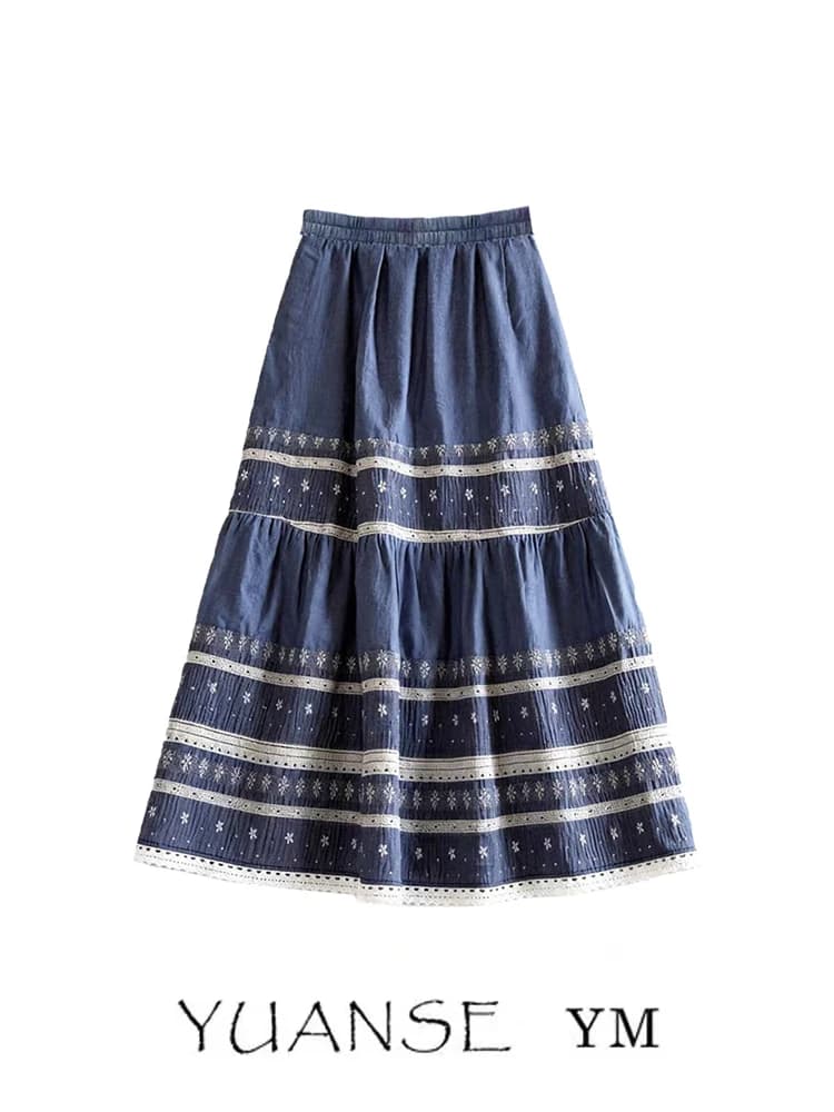 YUANSE Artistic Blue Floral Embroidery Patchwork High Waist A-Line Skirt Women's Summer Fashion Elegant Color Block Midi Skirt