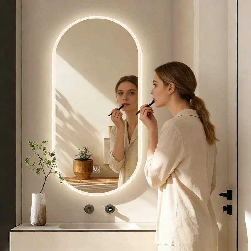 Specchio lungo da bagno a LED Piccolo specchio da bagno ovale intelligente Specchio da bagno intelligente Touch Screen WC Lavabo Specchio per trucco con lampada