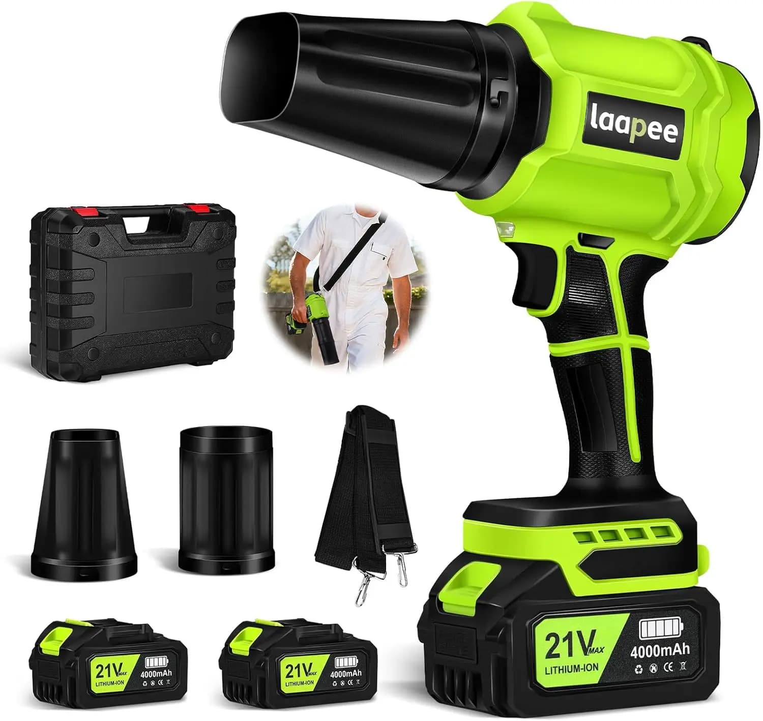 Wireless foliage blower with 800.000 rpm motor, 2 batteries and charger for care and cleaning of the lawn