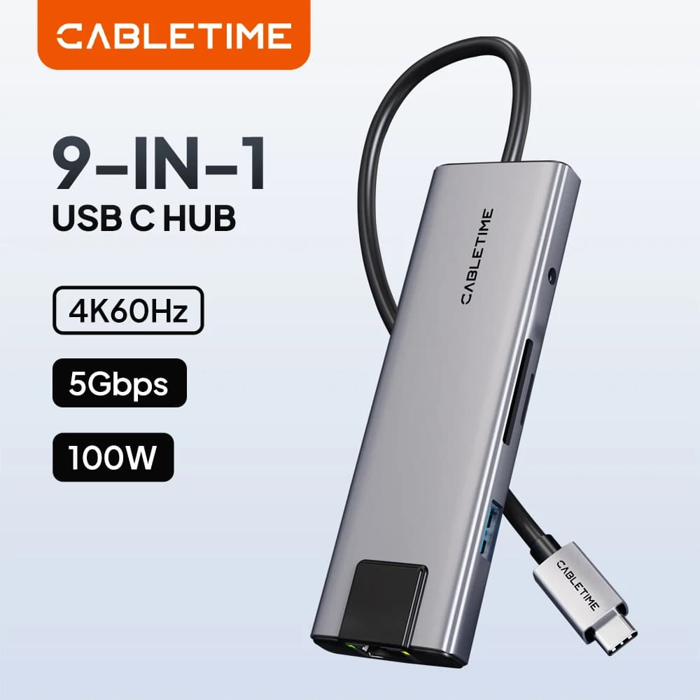 CABLETIME 9-in-1 USB C Hub Adapter 4K Splitter RJ45 HDMI SD TF Card Reader PD 100W Docking Station for MacBook Pro Type C Hub