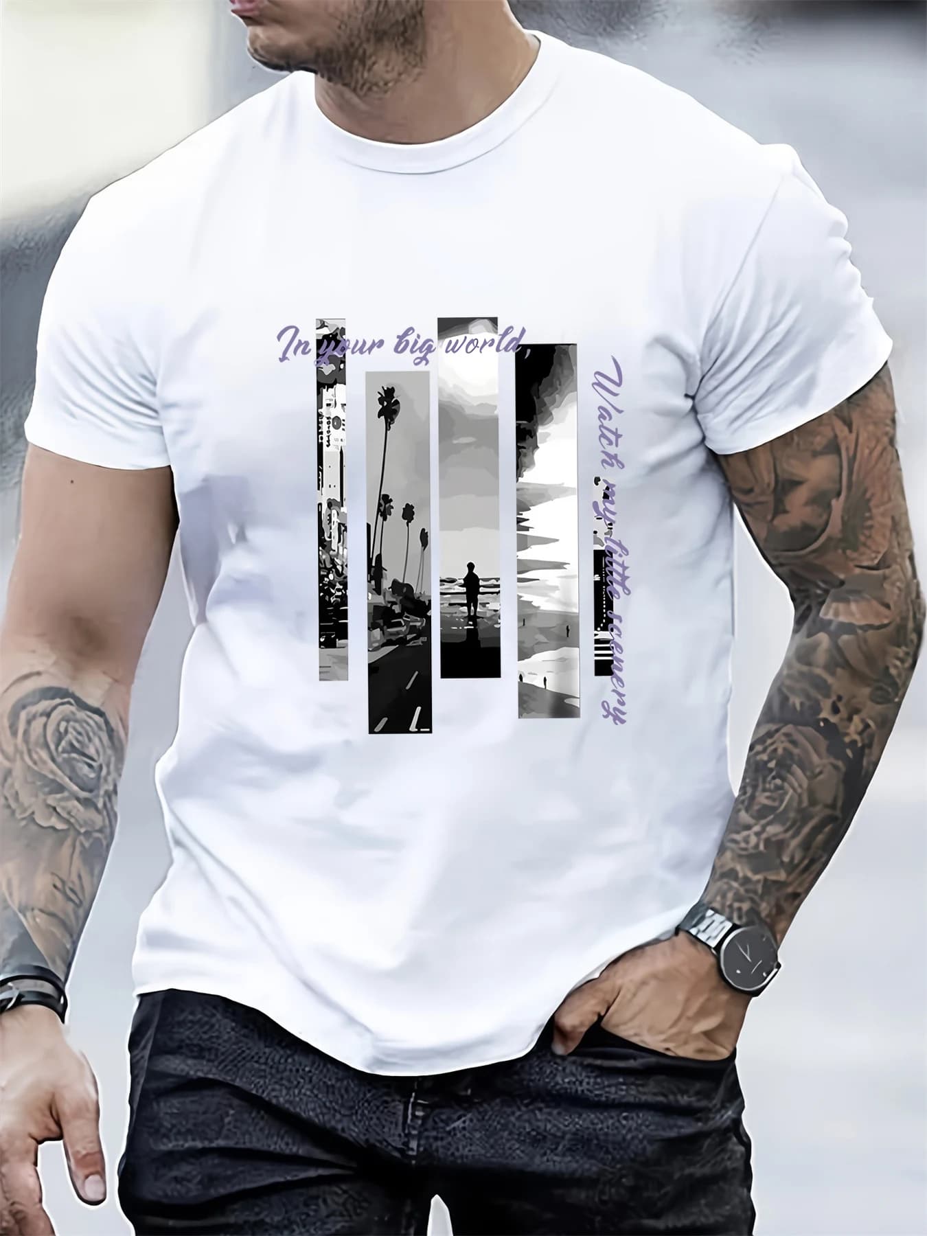 Men's Summer Cotton Fashionable Casual Sports Loose Landscape Pattern Printed Round Neck Short Sleeved T-shirt Top