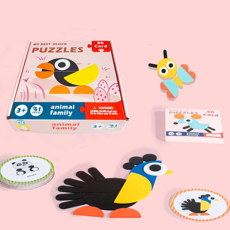 Puzzle di animali in legno Tangram creativo Blocco di legno per bambini Geometria Colore Giocattoli per lo sviluppo dell'intelligenza cognitiva