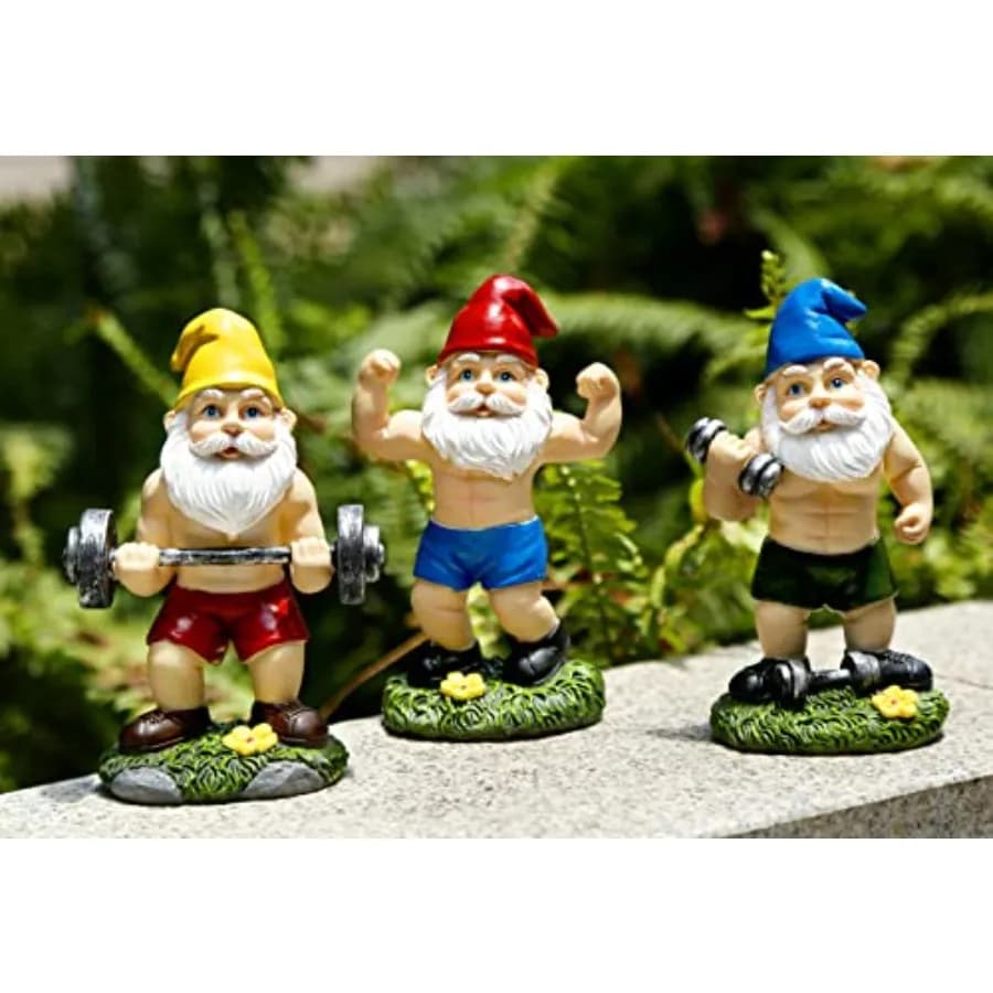 Statuette Divertenti di Gnomi da Giardino per Allenamento, Set da 3 Pezzi, 15,7 cm, Decorazioni da Esterno con Gnomi Muscolosi con Bilanciere e Manubri, Regali per Gnomi