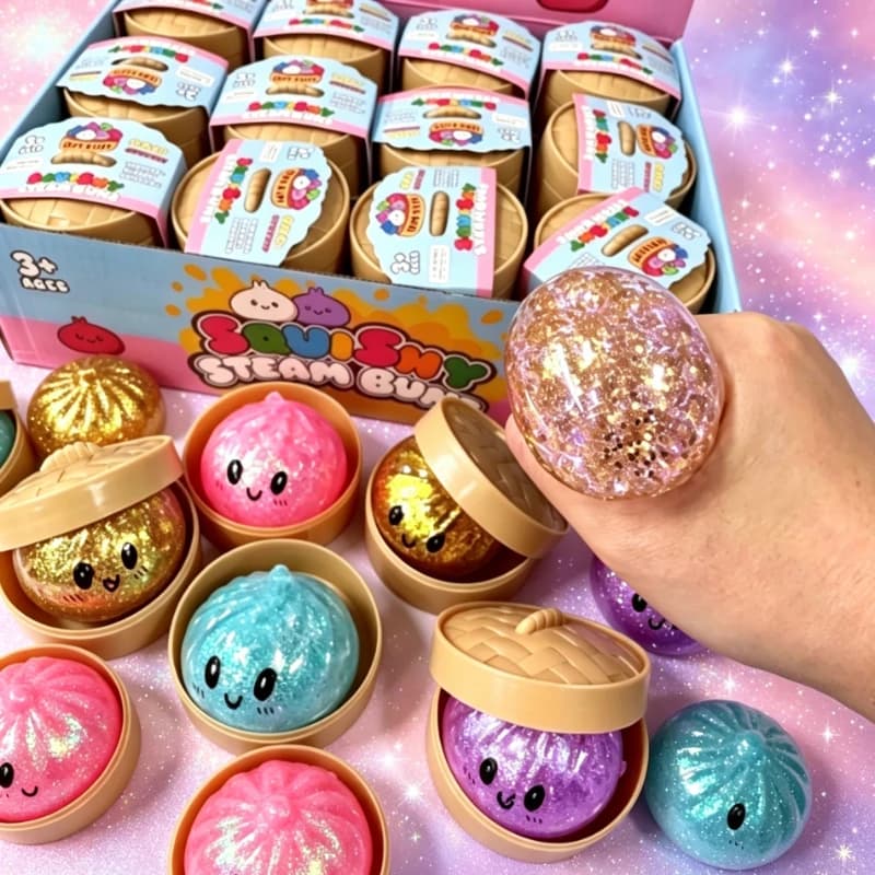 Glitter Dumpling Squishy Toy with Box Soft TPR Dough Ball Sensory Steamer Fidget Stress Relief Decompression Gift for All Ages