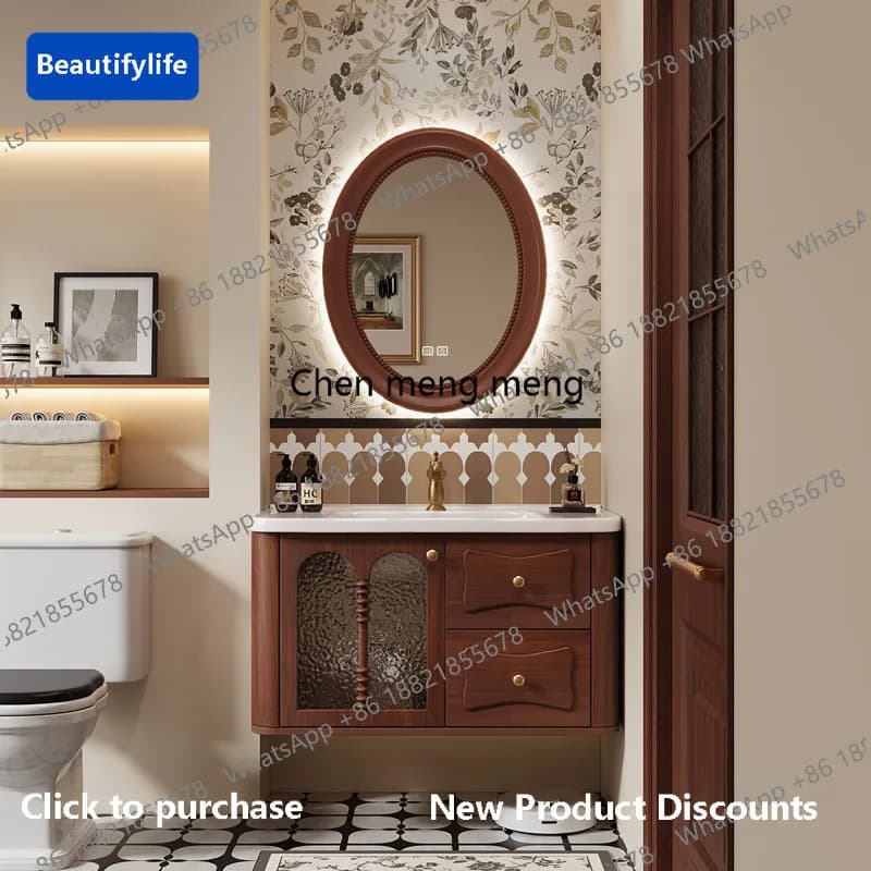 Mobile bagno angolare sospeso in legno B567, stile vintage naturale, con specchio per il trucco, per arredamento casa