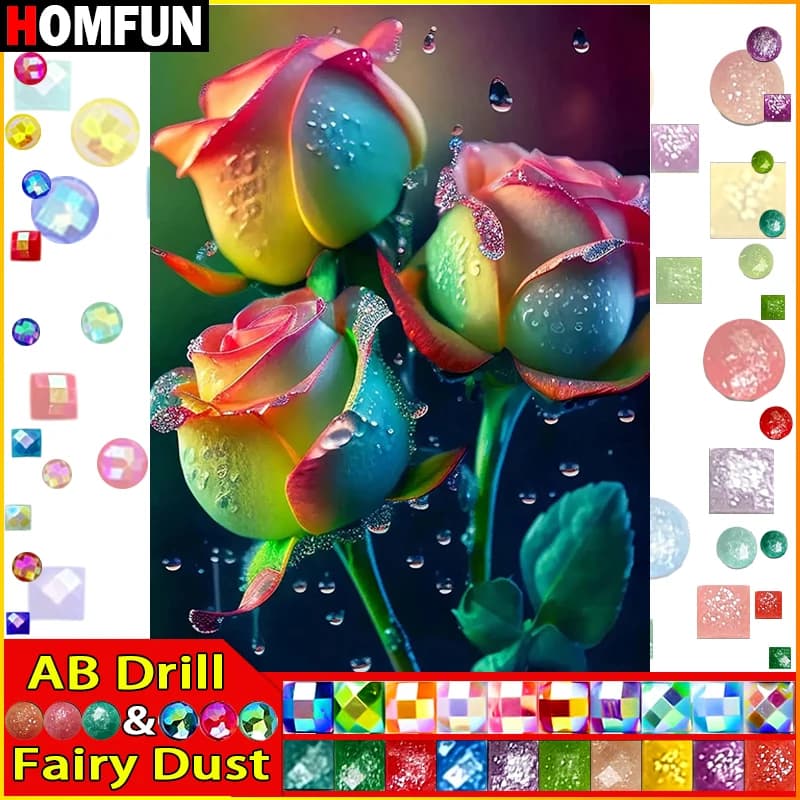 HOMFUN Fairy Dust AB Full Diamond Embroidery Diy 5D Diamond Painting Cross Stitch "Flower Rose" Full Drill Home Room Decor