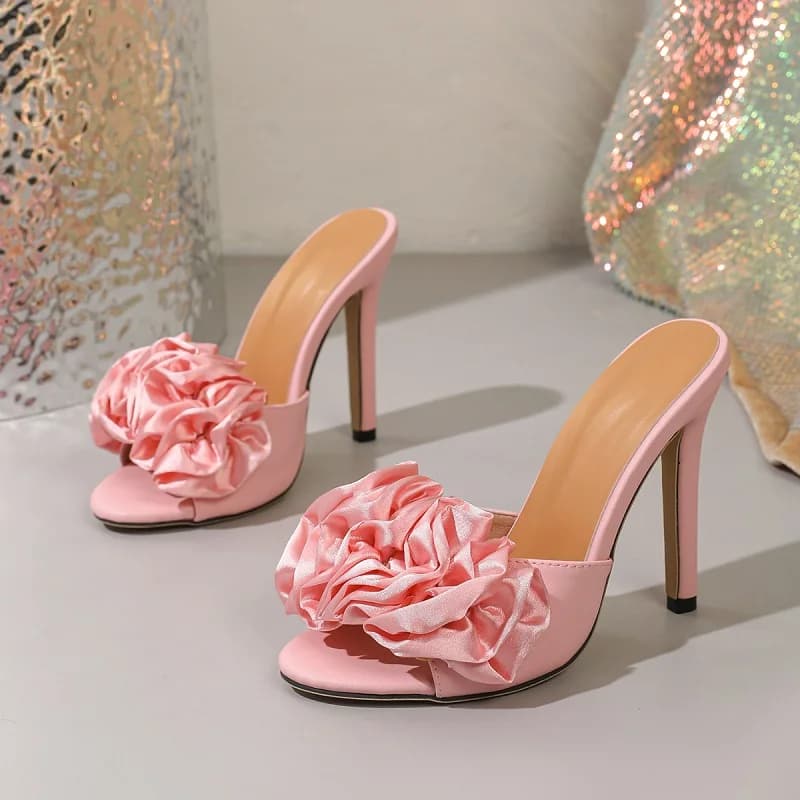 Eilyken Fashion Thin High Heels Flower Women Slippers Summer Elegant Satin Open Toe Banquet Prom Slide Shoes Sandals