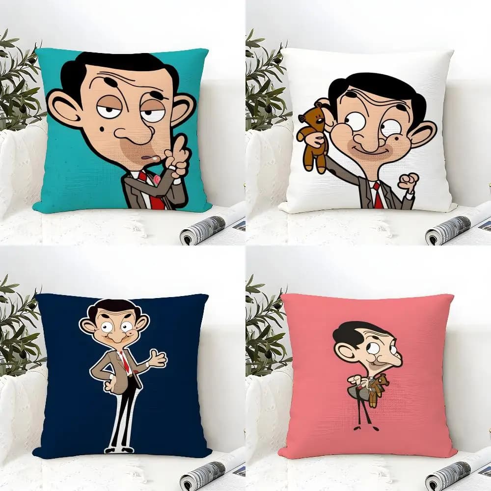 M-Mr. BeanS Cartoon Cushion Cover Eco Linen Pillow Case Double-Sided Print Breathable Durable Zipper Home Decor Gift
