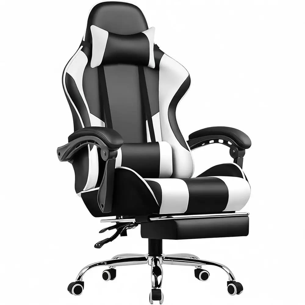 Sedia da gaming girevole regolabile in altezza con supporto lombare e poggiapiedi (Bianco Perla)