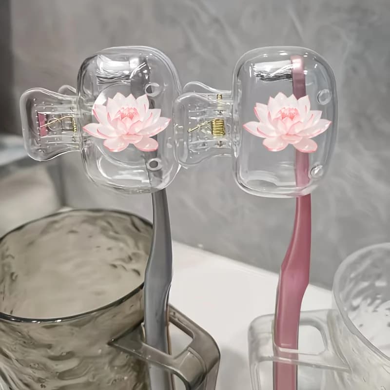Beautiful Lotus 2pcs Toothbrush Holder Portable Combination Set Protective Cover Suitable for Home Travel Use Storage Clip Trips