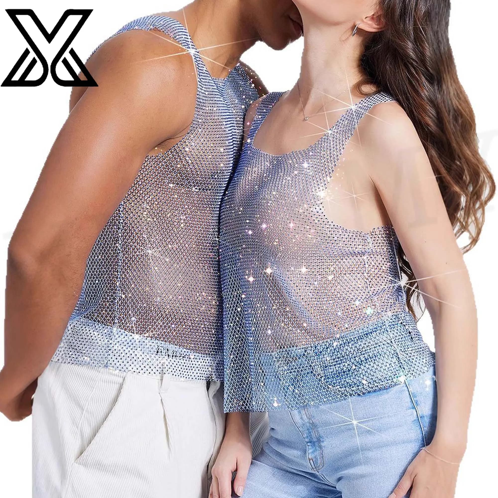 XMJXMY Rete da pesca sexy con prospettiva di diamanti scintillanti con spiaggia piena di diamanti, indossa un gilet senza maniche per le coppie