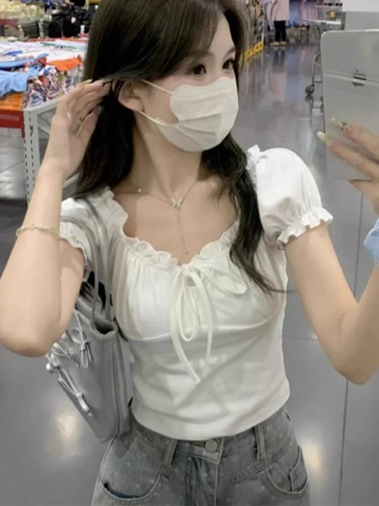 Sweet Stylish Short Bubble Sleeve T-Shirt Women's Summer New Design Belted Slim Fit Trendy Top Korean Style V-Neck Pure Color