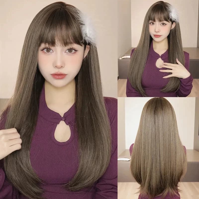 ABC123 Long Synthetic Wig and Natural Brown Liscia with Frangia for Women, Daily Use, Cosplay, Heat Resistant, Fiber 3;b,6/k'5;