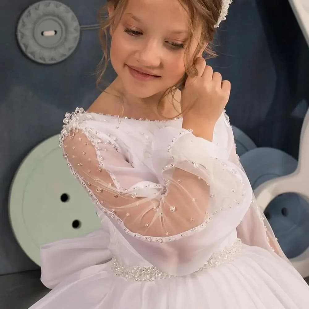 Abito da ragazza di fiore bianco per matrimonio Tulle gonfio con perline Manica intera Festa di compleanno per bambini Abiti da ballo per prima comunione personalizzati