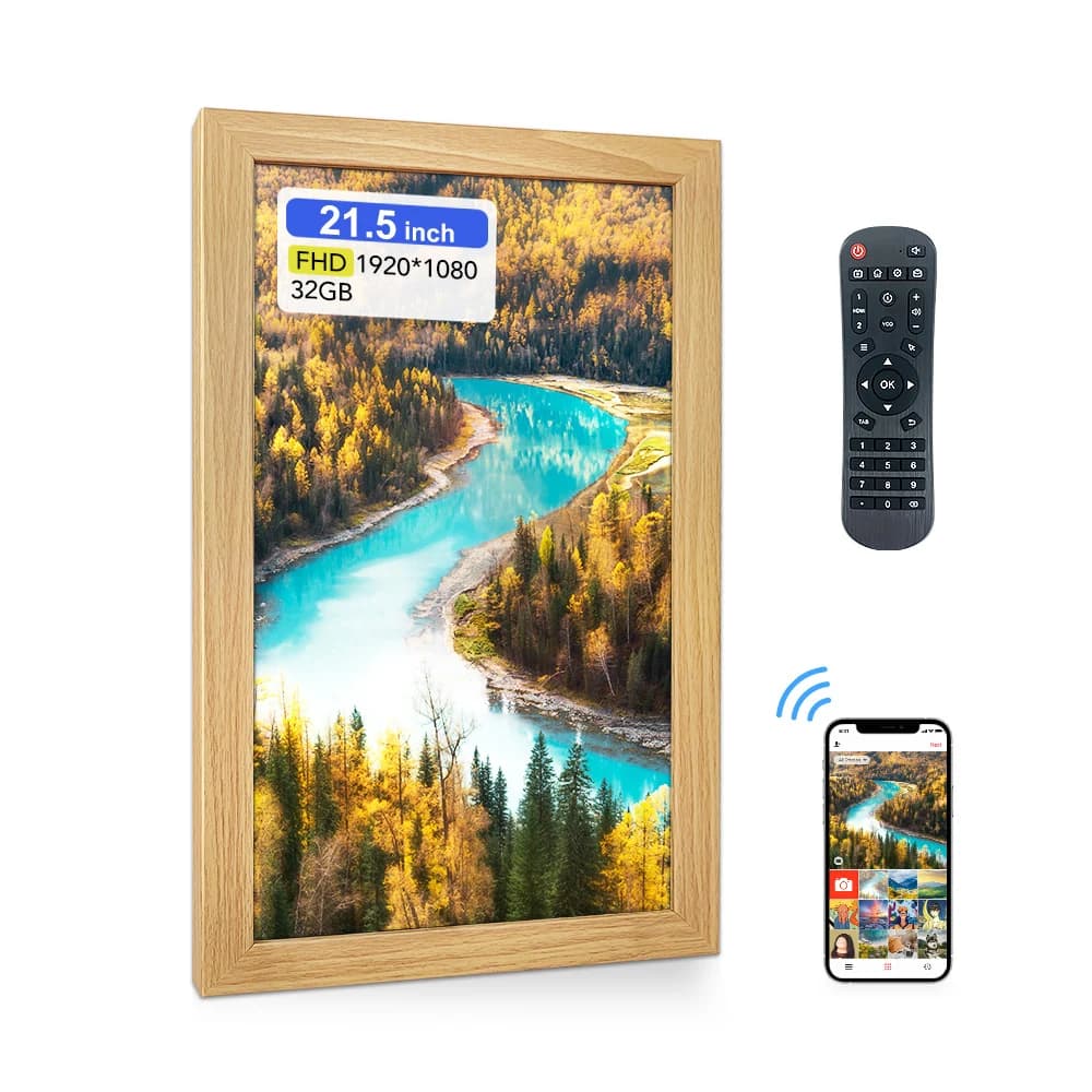 Visualizzatore di foto digitali in legno all'ingrosso Cornice per foto digitale ultra sottile da 21,5 pollici per display pubblicitario commerciale