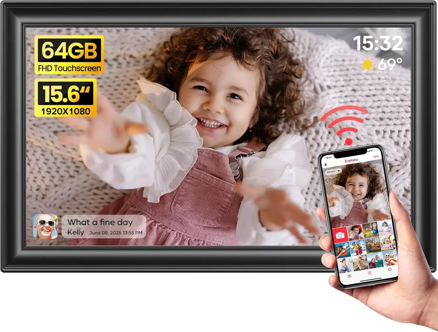 Cornice digitale Frameo da 64GB e 15.6 pollici con WiFi, grande cornice elettronica per foto con schermo touch IPS FHD 1920 x 1080, invia foto da Y