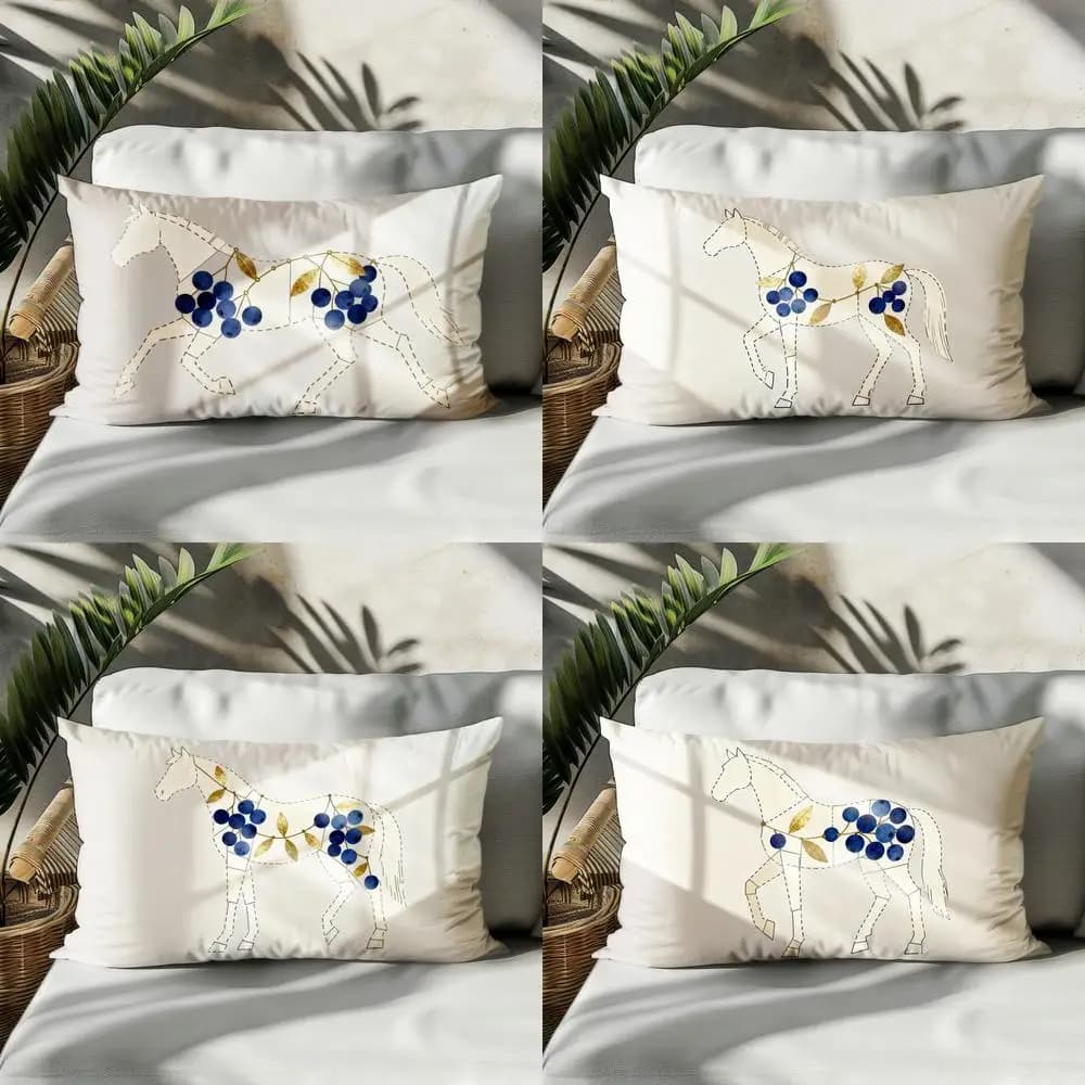 Cuscino Rettangolare con Cavallo in Corsa 2D e Bacche Blu, Adatto per Divano, Camera da Letto, Auto