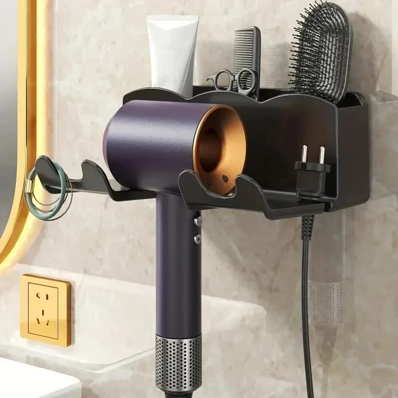 1PC Punch‑Free Wall‑Mounted Hair Dryer Storage Rack, Multifunctional Bathroom Hairdryer Holder Organizer