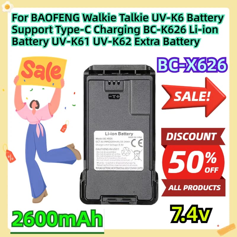 Per 7.4V 2600mAh BAOFENG Walkie Talkie UV-K6 Supporto batteria Tipo-C Ricarica BC-K626 Batteria agli ioni di litio UV-K61 UV-K62 Batteria aggiuntiva