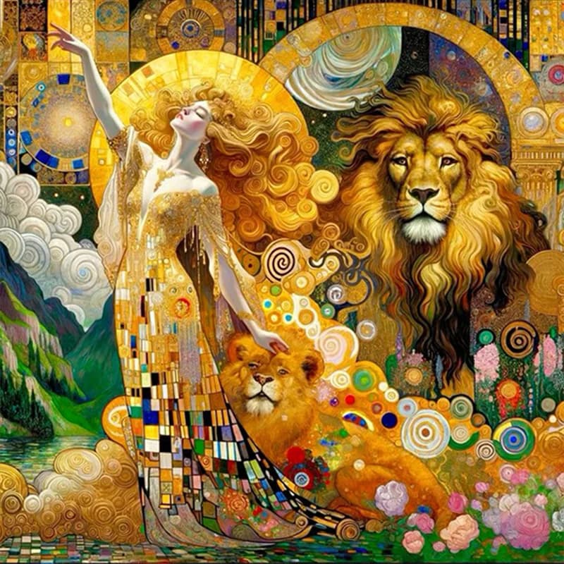 Diamond Painting Lady And Lions Klimt Style Golden Art Nouveau Floral Landscape Art Christmas Birthday Holiday Gift Home Decor